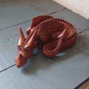 Large Hand-Carved Wooden Dragon Sculpture – Beeswax Finished Natural Wood Figurine