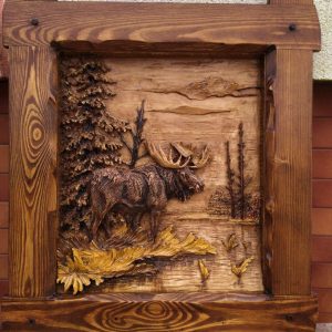 3D Hand-Carved Wooden Wall Art – Elk Wildlife Habitat Wood Carving Decor Panel