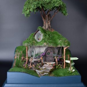 Fantasy Forest Diorama with Hobbit House – Handmade Bookshelf and Library Decor