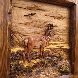 3D Hand-Carved Wooden Wall Art – Pronghorn Antelope Wildlife Habitat Wood Carving