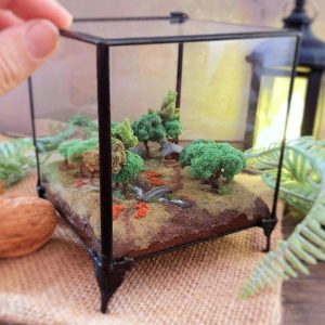 Miniature Forest Diorama in Glass Display Box – Handmade Woodland River Scene Decor