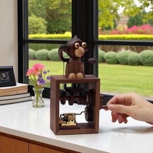 Handcrafted Wooden Monkey Automaton – Hand-Crank Kinetic Sculpture Music Box