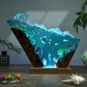 Resin Wood Ocean Night Light – Sea Turtle Scuba Diorama Lamp with RGB Lighting