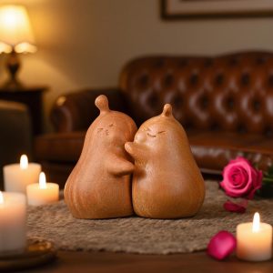 Golden Rosewood Couple Figurines – Hand-Carved Wooden Pair Sculpture Keepsake