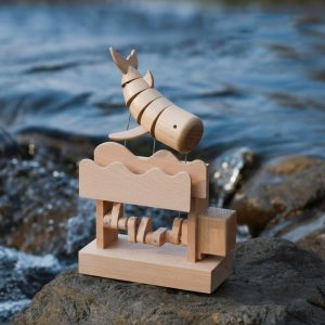 Wooden Mechanical Fish Automaton – Handcrafted Moving Wood Kinetic Desk Sculpture