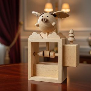 Wooden Flying Pig Automaton – Handcrafted Mechanical Kinetic Desk Sculpture Natural Wood