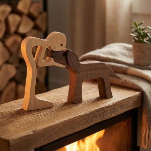 Hand Carved Wooden Man and Dog Figurine – Minimalist Natural Wood Sculpture for Home Decor