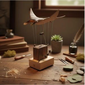 Hand Carved Wooden Manta Ray Kinetic Sculpture – Moving Mechanical Desktop Art Piece