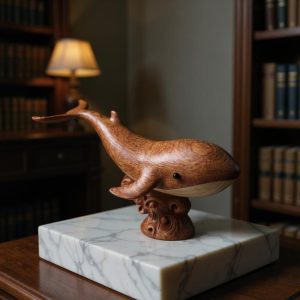 Sapele Wood Whale Figurine with Wave Base – Hand-Carved Wooden Ocean Animal Desk Sculpture